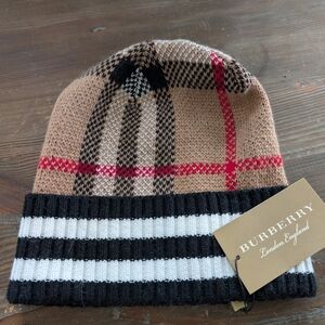 Burberry Tan and Red Nova Check Knit Beanie with Black & White Stripe Cuff